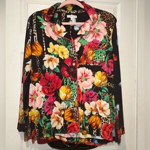 Johnny Was Multicolor Floral Pajama Top button up long sleeve rose leopard